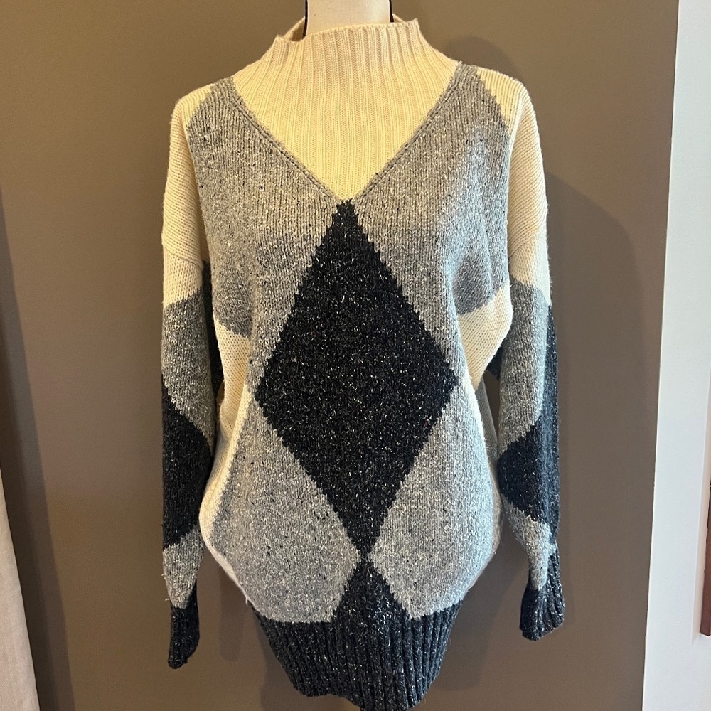 Vintage Lizwear Sweater Mock Neck Diamond Print, Size Large